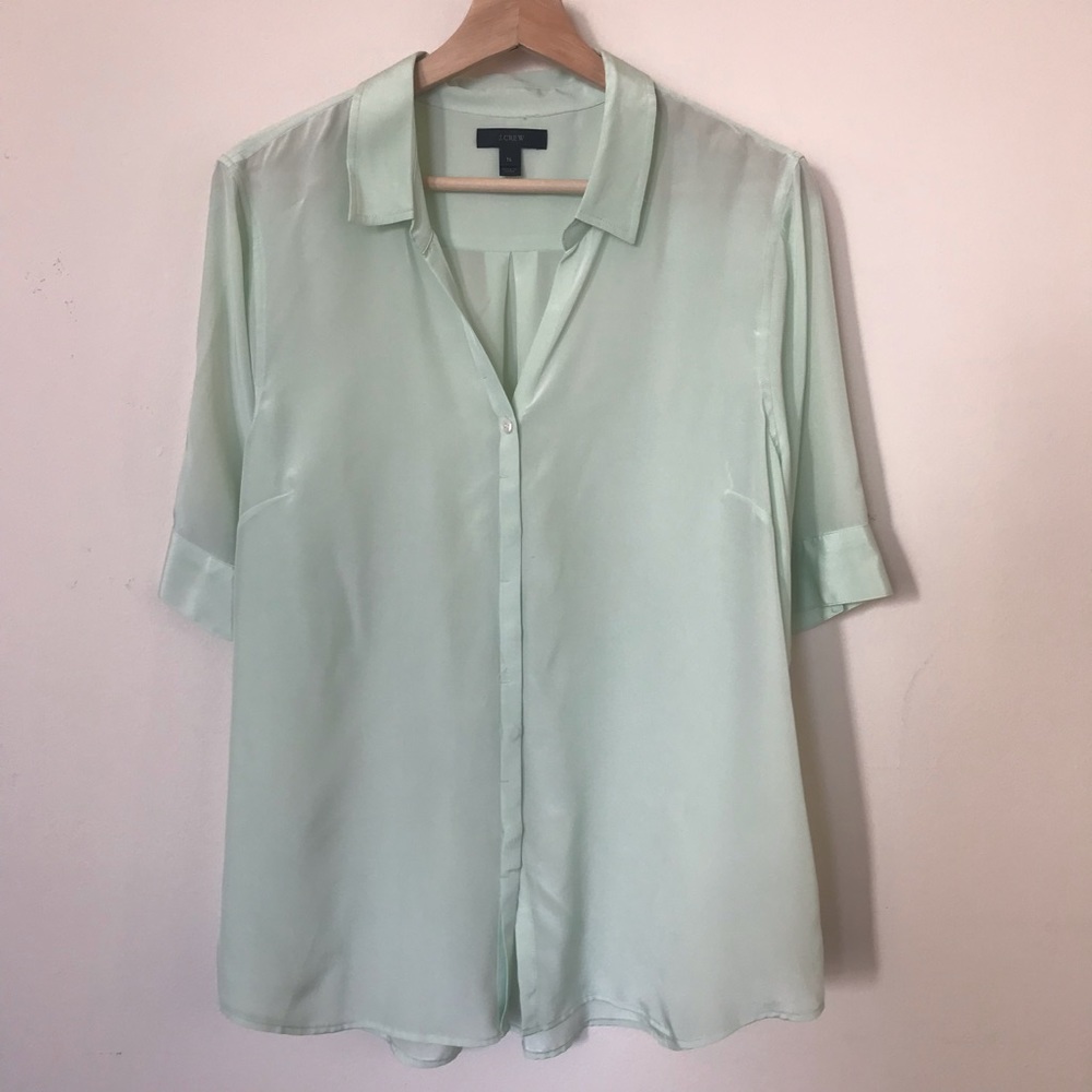 J.Crew Silk Short Sleeve Button Down In Pistachio